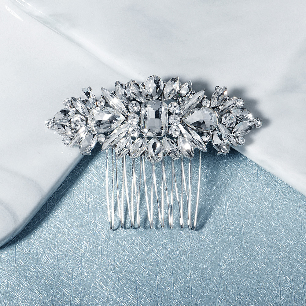 European bride's wedding headwear, retro ethnic style, horse eye glass water diamond insert comb, high-end alloy hair comb, updo hair accessory details Picture