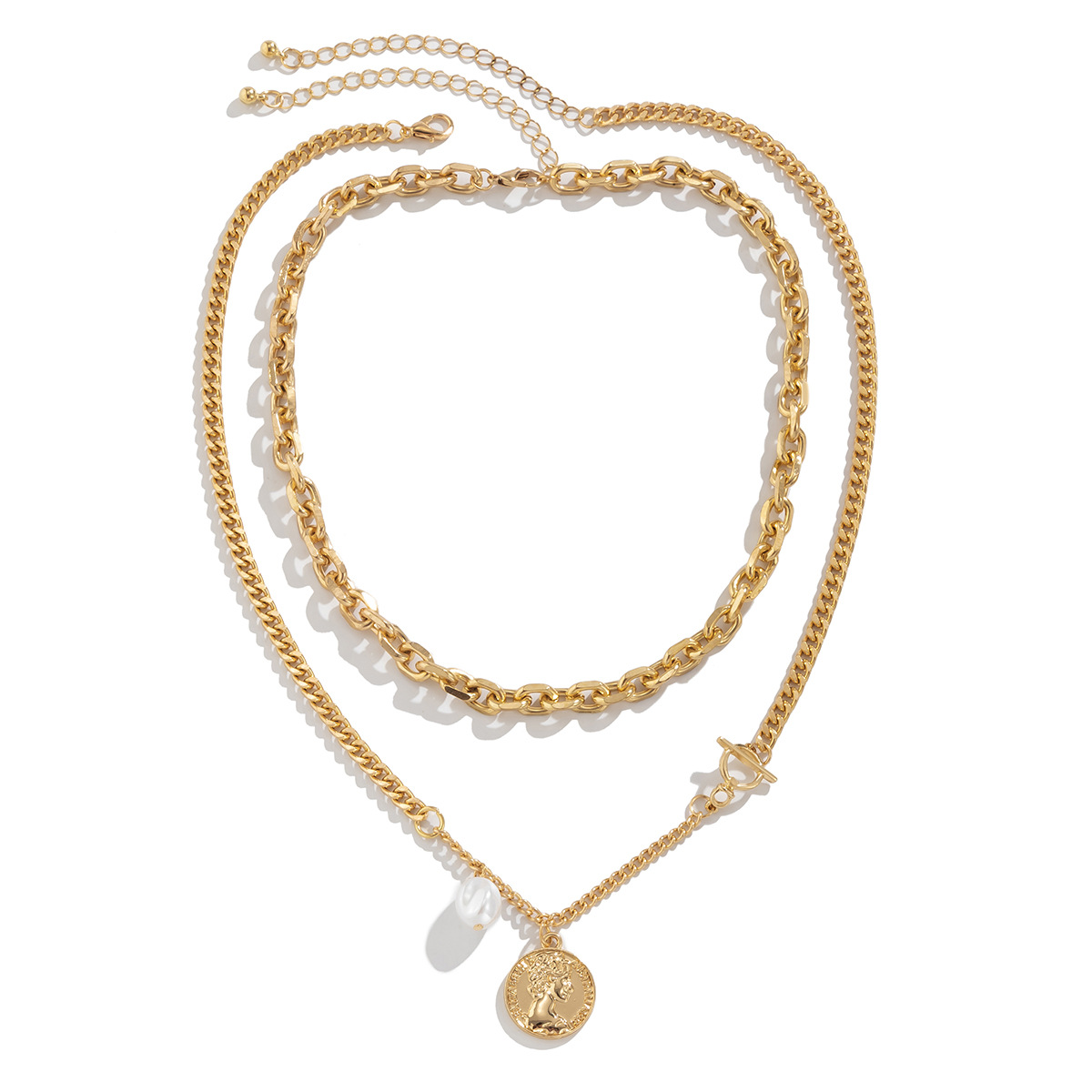 European and American cross-border jewelry: simple geometric cross-chain portrait pendant necklace, retro imitation pearl hollowed-out necklace Item Picture
