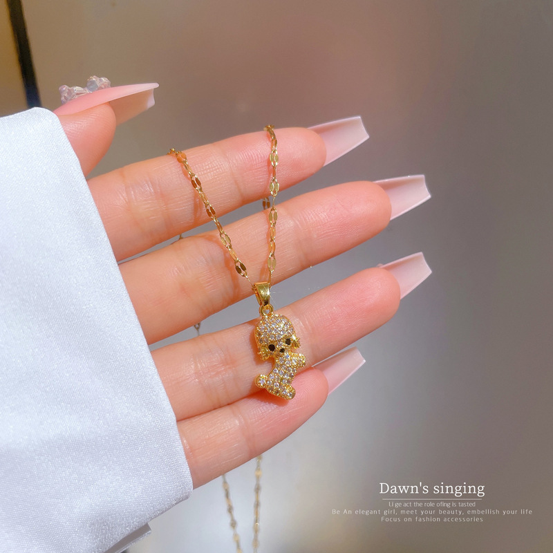 【 Titanium Steel 】 The light luxury full diamond micro-inlay is a truly cute little dog necklace with copper-plated real gold pendant in an ins style Specification drawing