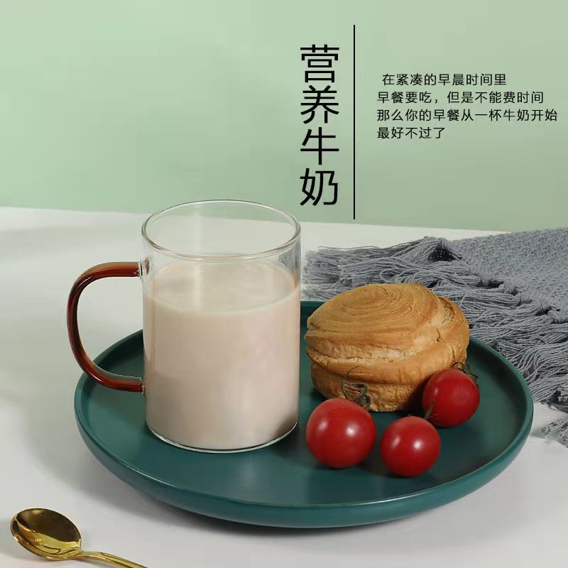 Thickened glass cups with handles, household green tea cups, cold water cups, milk cups, breakfast cups, coffee cups, household water cups in various colors Application Scenario