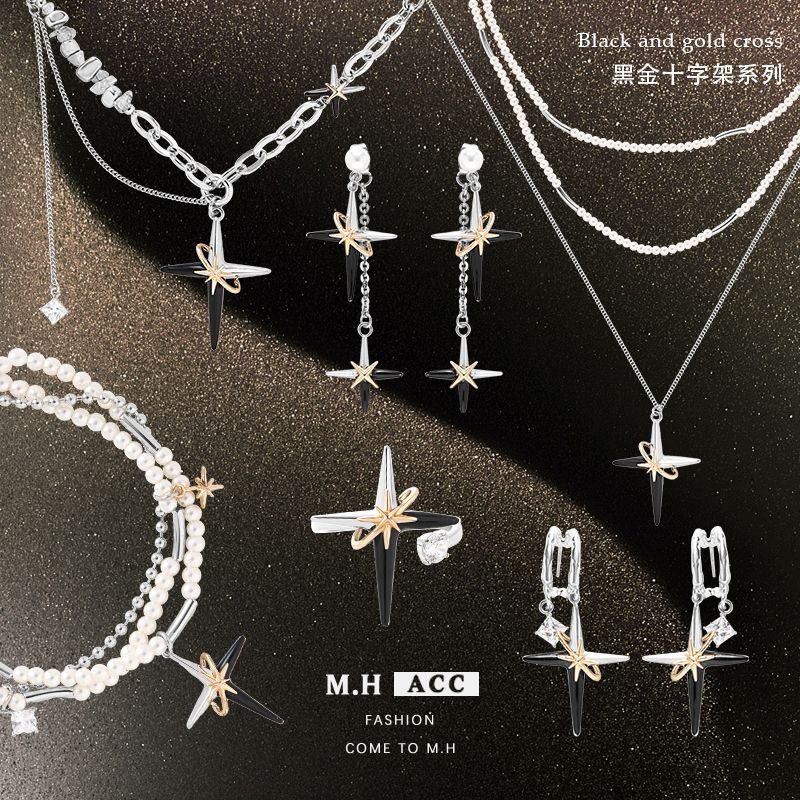 Original high-end black and gold cross necklace, hip-hop Instagram niche design sense collarbone chain, fashionable and trendy pendant for women full figure