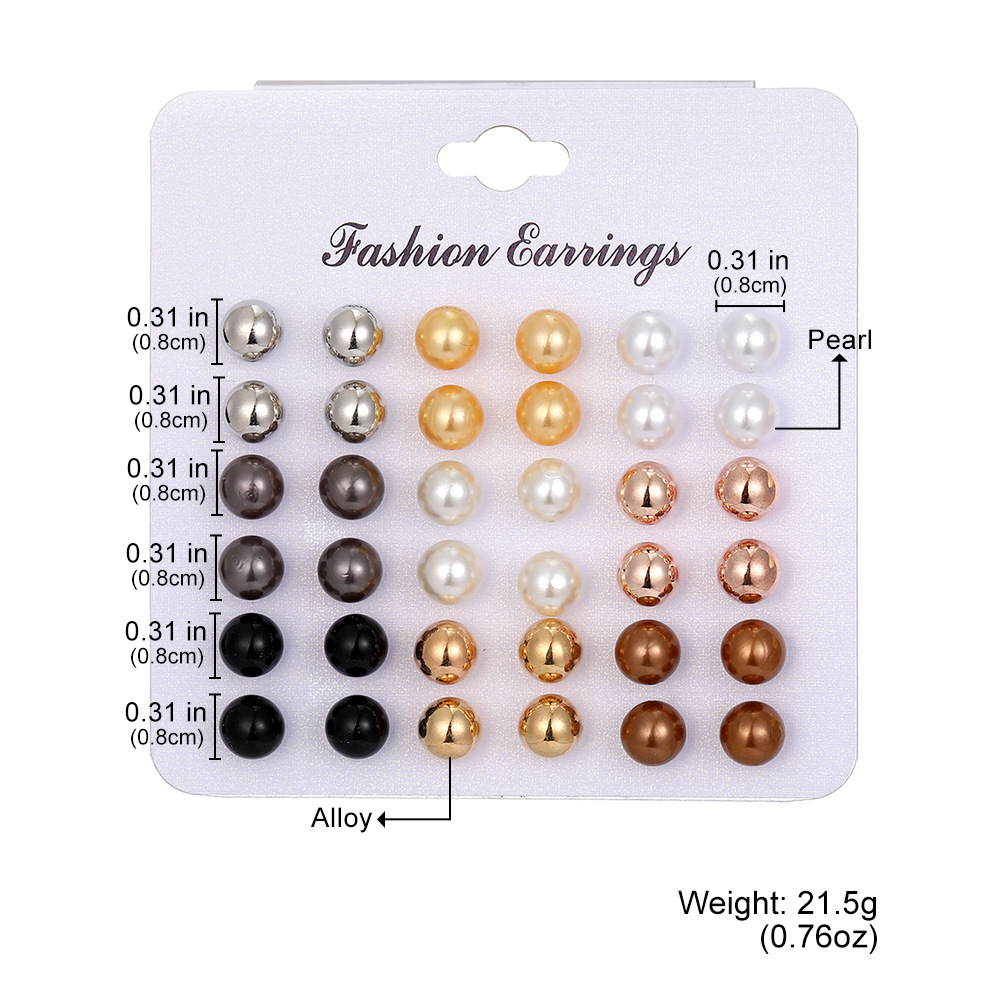 A popular cross-border fashion geometric colored round stud earring set from Europe and America, a simple commuting imitation pearl stud earring set for women, 18 pieces details Picture