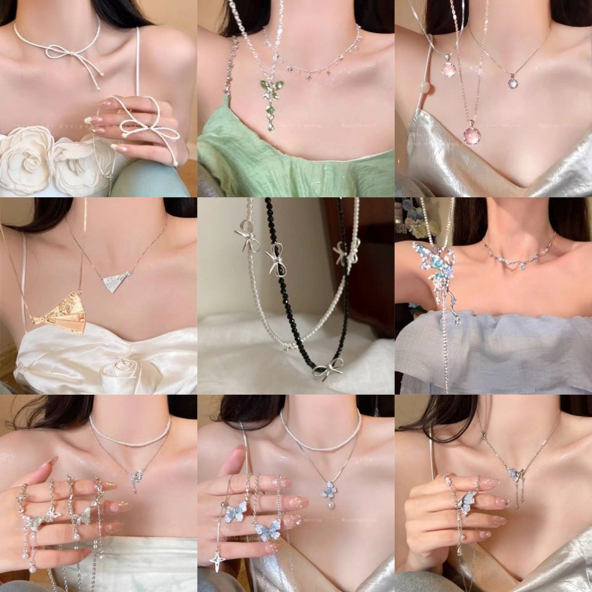 Shi Jia Zheng's round pearl patchwork bow necklace is a fashionable, exquisite and niche collarbone chain necklace with a light luxury and high-end feel for women full figure