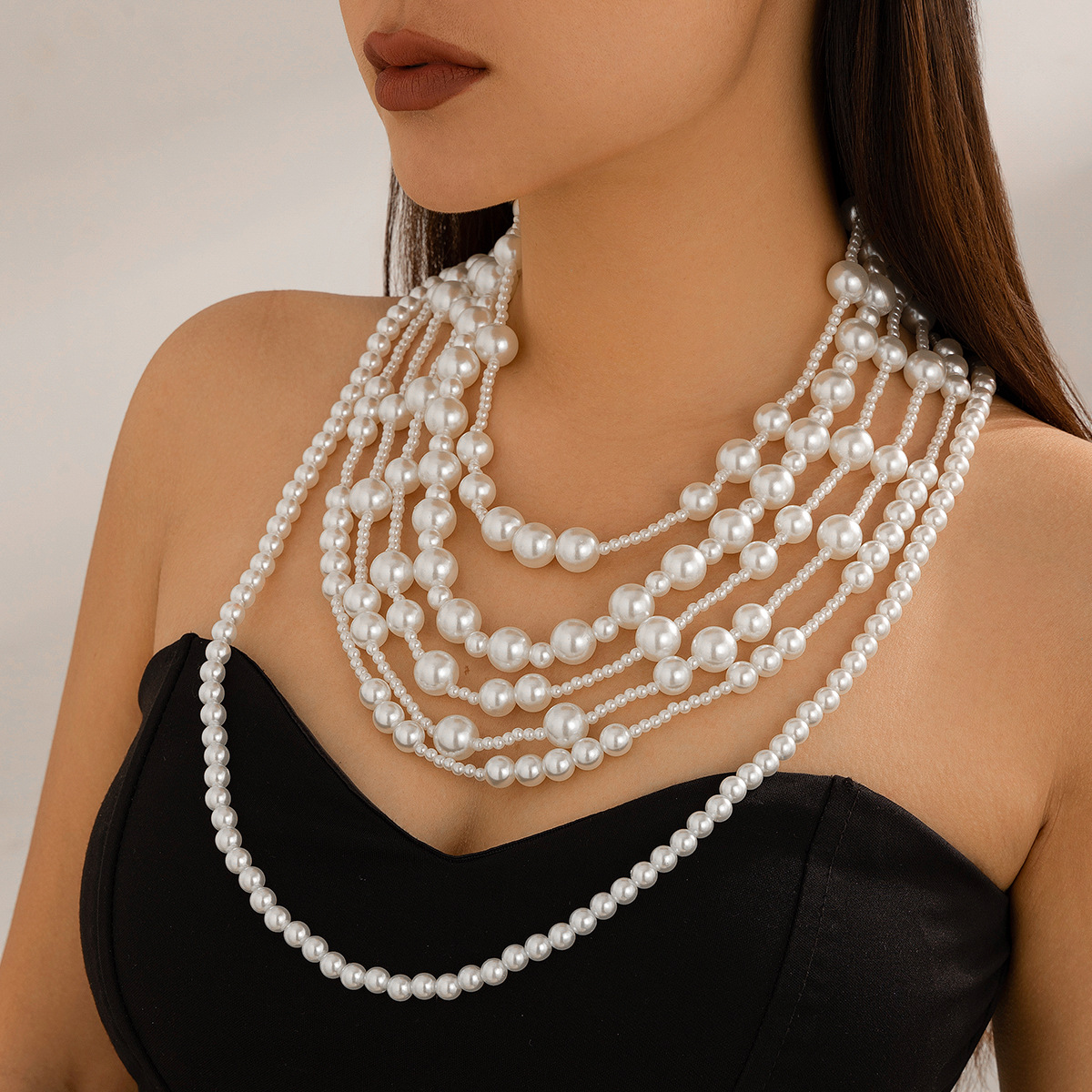 European and American exaggerated multi-layered imitation pearl necklace dress fashionable bride chanel-style beaded necklace set Specification drawing