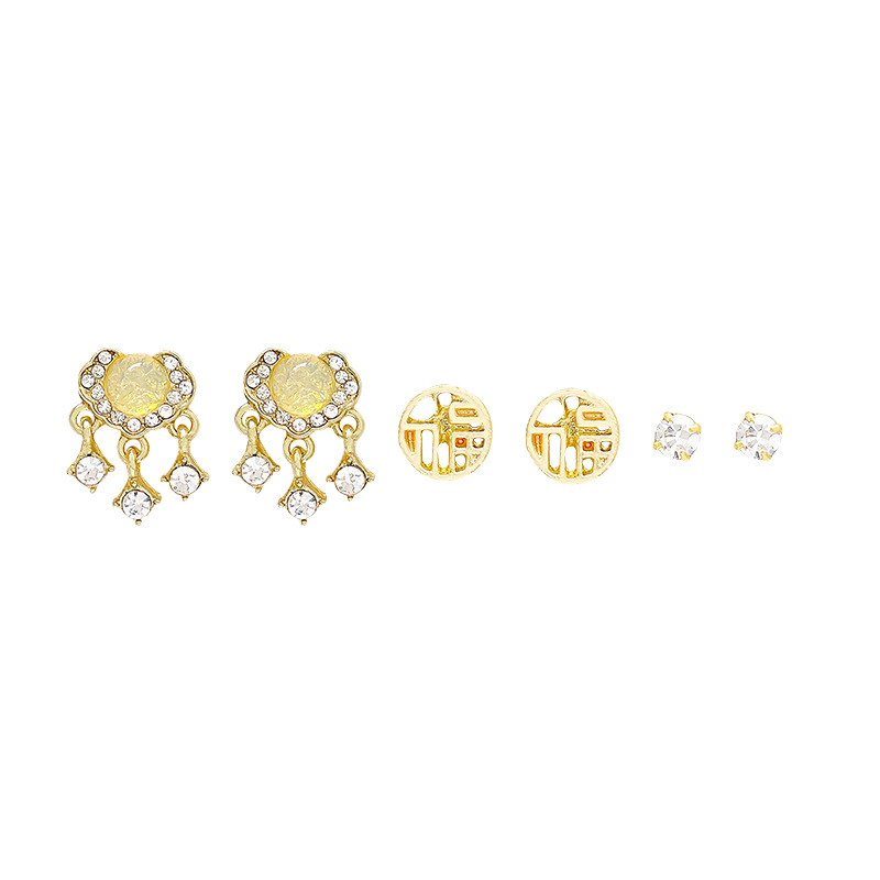 New Chinese-style peace lock set of six pieces earrings, women's diamond-encrusted high-end stud earrings, unique New Year style earrings Item Picture