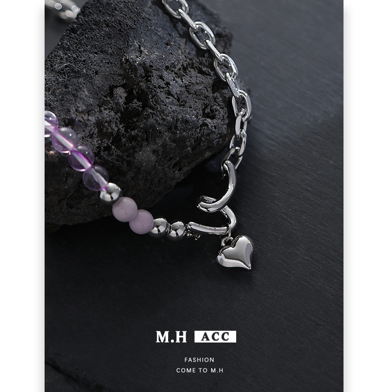 Purple beaded heart-shaped necklace for women wholesale, exquisite and versatile, sweet and cool, spicy girl sweater chain, high-end and trendy light luxury necklace full figure