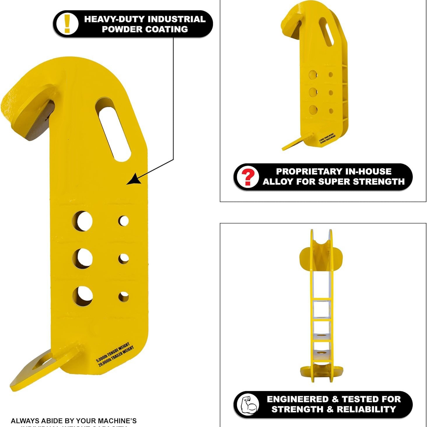 The 2-inch receiving port of the skid steer hook accessory is suitable for skid steer loaders and tractors Specification drawing