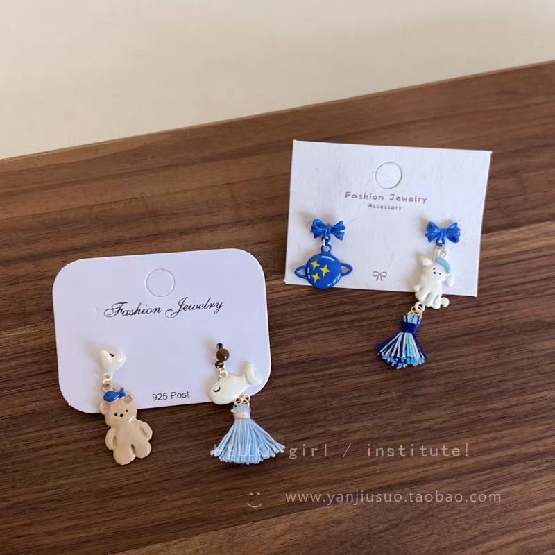 Childlike cartoon bow, puppy tassel earrings, women's niche design sense, heart-shaped planet ear studs, high-end earrings Specification drawing
