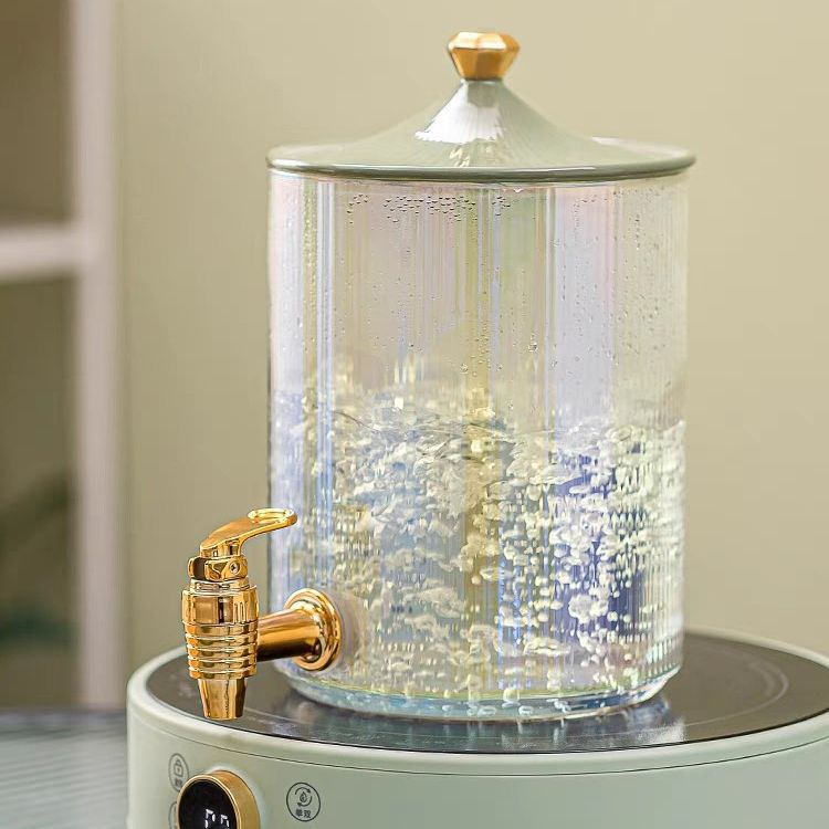 Glass jars with faucets, beer buckets, household water cups, juice jugs, cola buckets, self-service beverage buckets, new Chinese-style bamboo-covered teapots Specification drawing