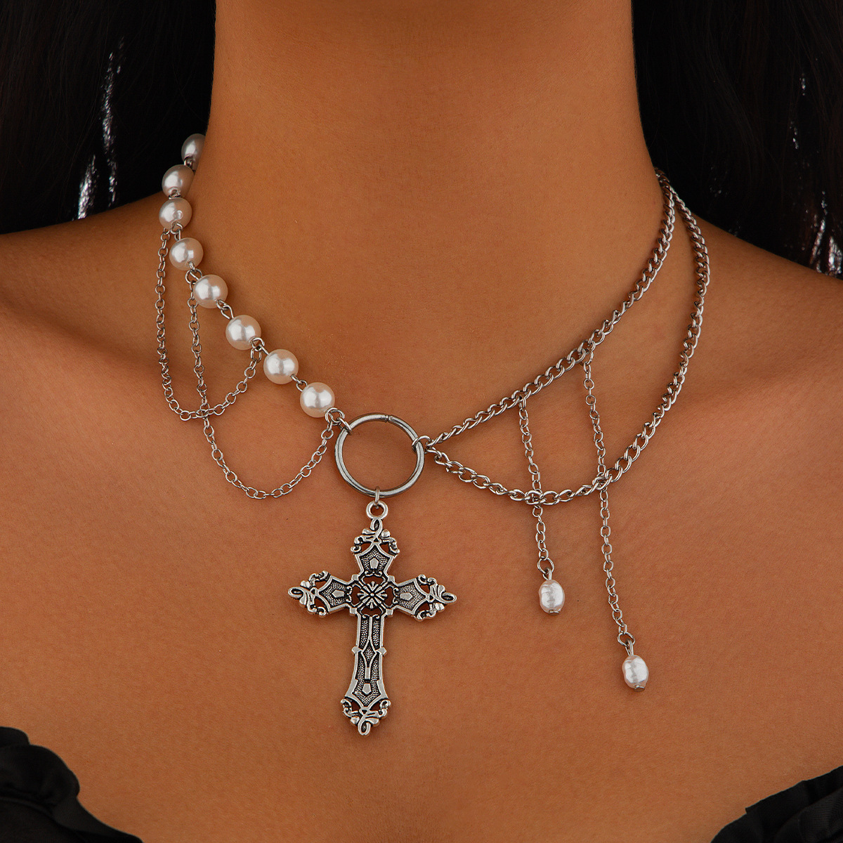 European and American cross-border jewelry, Gothic cross alloy necklace, simple multi-layer crystal tassel collarbone chain for women details Picture