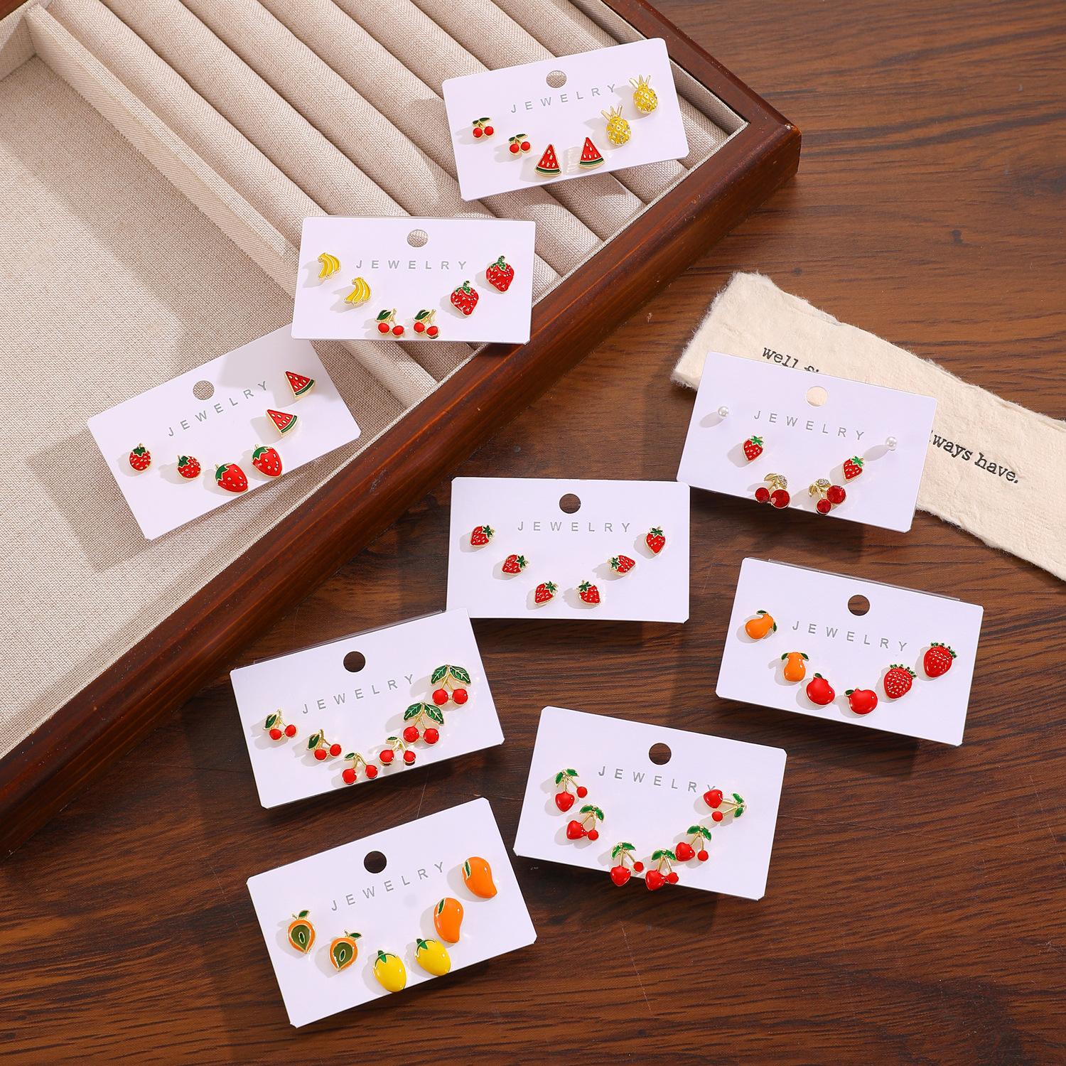 Cross-border cute and girlish summer exquisite fruit stud earrings set, watermelon, mango, strawberry and cherry card earrings for women Specification drawing