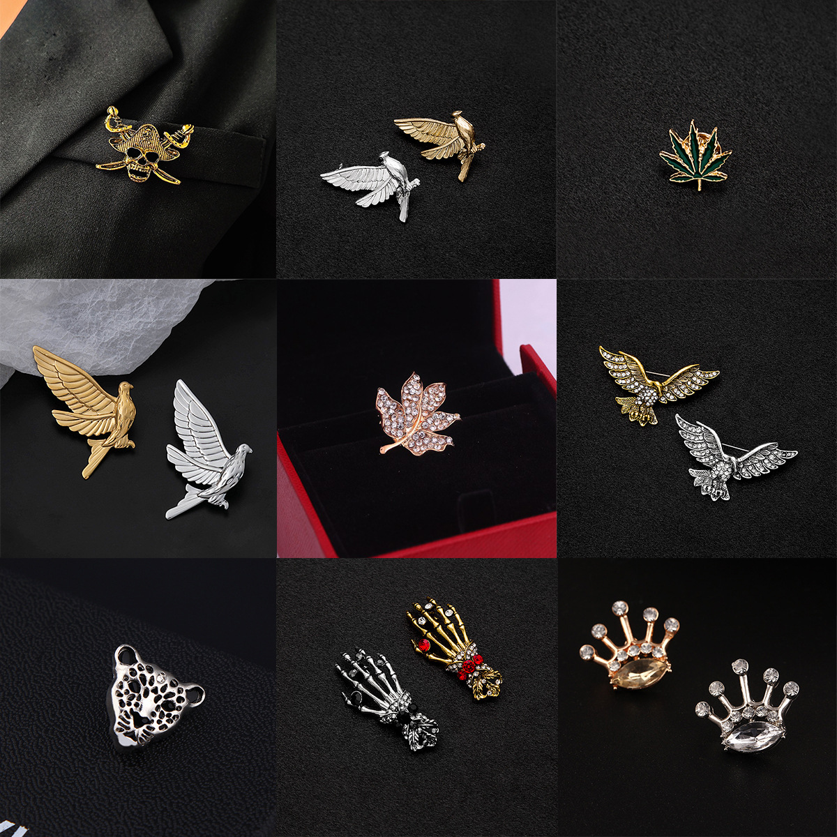 A collection of European and American personalized diamond-encrusted metal brooches and collar pins, featuring a high-end, anti-glare flower, butterfly and crown brooches full figure