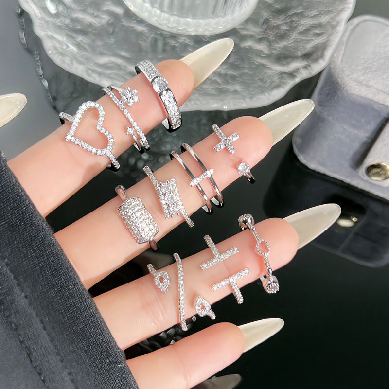 A simple and individual micro-inlaid zircon line geometric open ring for women's ins, with a cold style, exquisite and fashionable temperament full figure