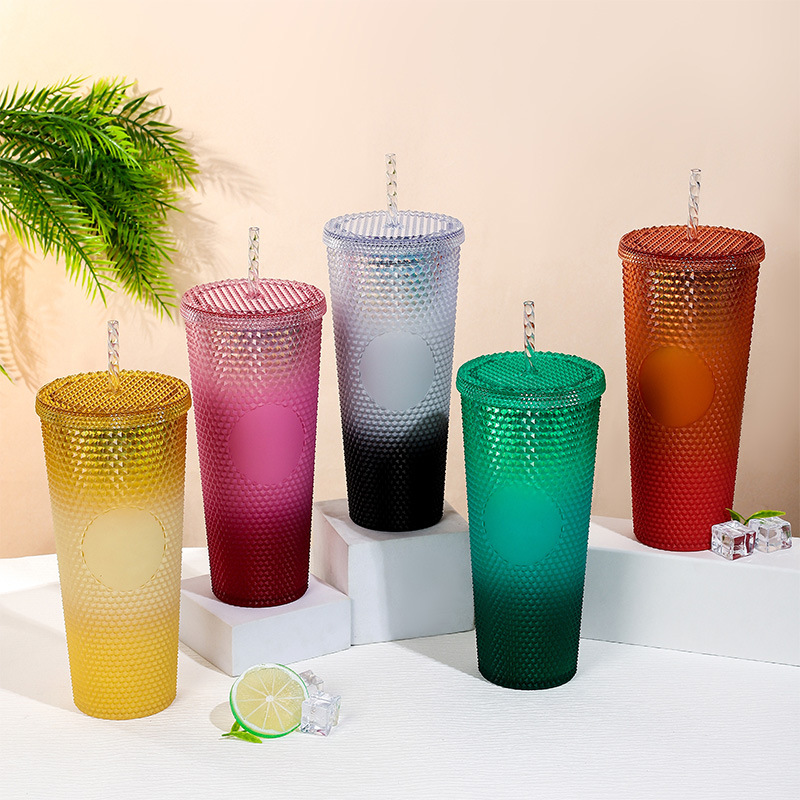 Cross-border best-selling new gradient color durian cup 700ml large-capacity plastic straw cup, drinking cup straw wholesale Specification drawing