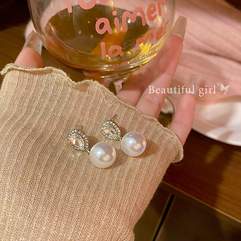 French water drop Zircon pearl earrings for women Spring new style, versatile, high-end retro earrings, wholesale of socialite earrings Specification drawing