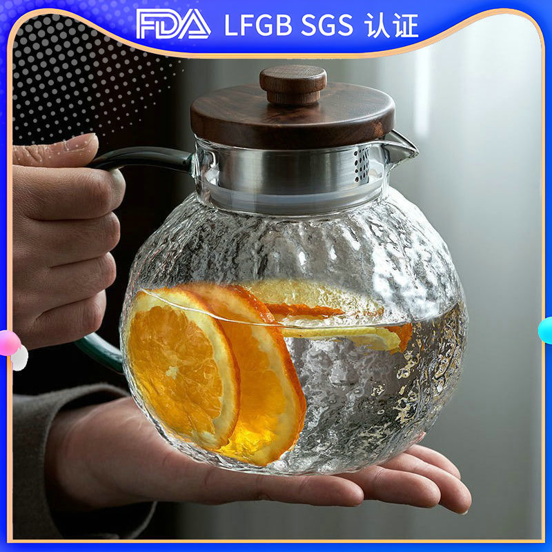 Hammer-patterned glass cold water kettle, large-capacity thickened Japanese tangerine kettle, bark kettle, cold water kettle, high-temperature resistant glass kettle full figure