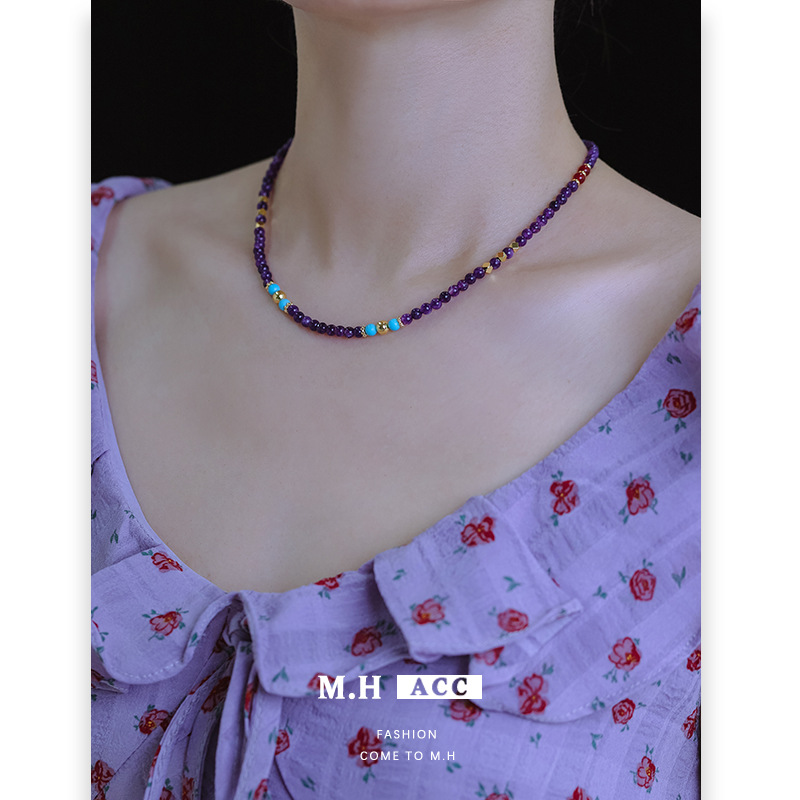 Carefully selected spring and summer new dopamine amethyst beaded necklace for women, a light luxury, niche and high-end collarbone necklace details Picture