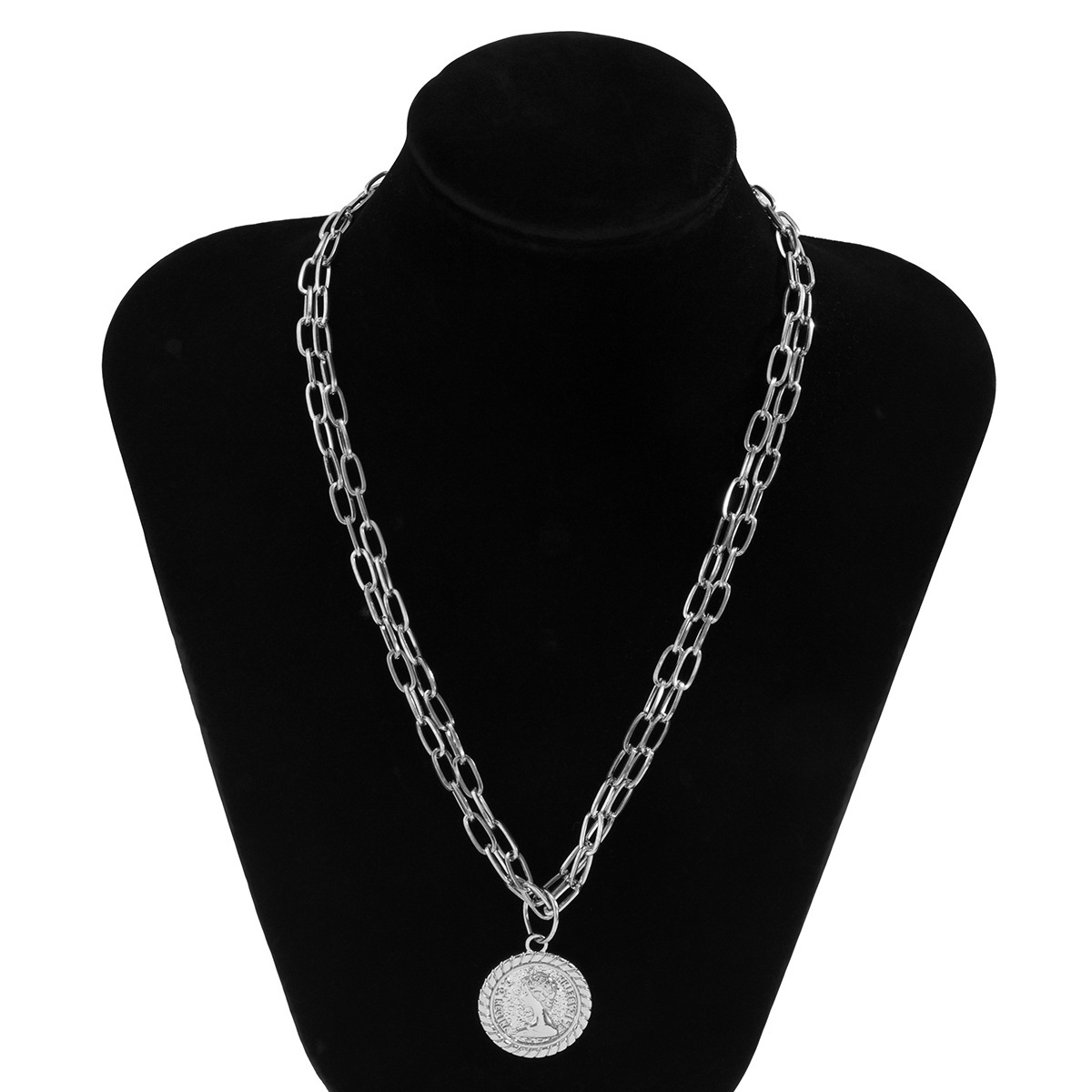 Retro geometric figure relief necklace for women, simple double-layer metal chain necklace, European and American cross-border snow soft accessories details Picture