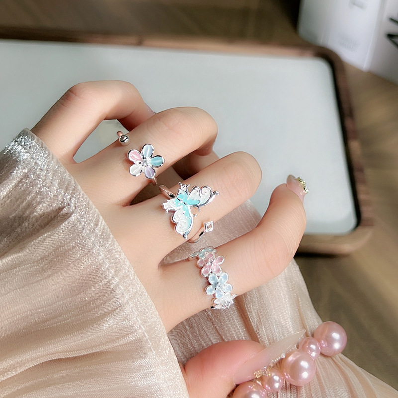 Sweet dopamine-colored flower drip glaze open ring, a niche fashion bestseller for women, with an oil painting style and an exquisite ring trend details Picture