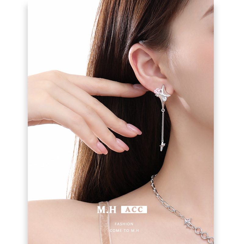 Original four-pointed star rose zircon earrings, a niche high-end sweet and cool style, long tassel simple earrings for women Specification drawing
