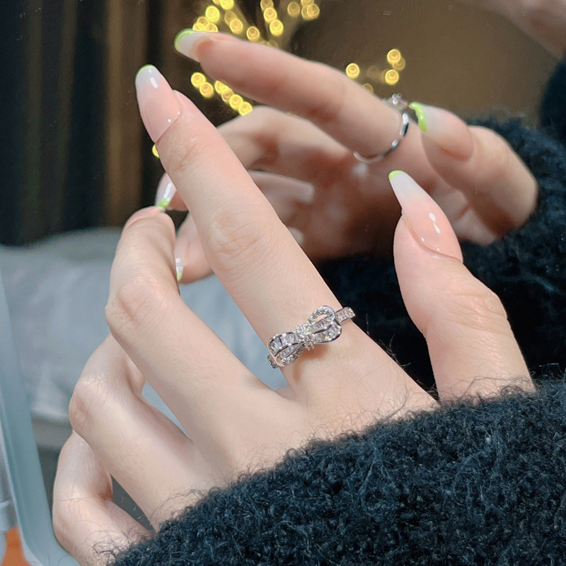 A light luxury and high-end bow zircon open ring for women, with a minimalist and cool vibe, is exquisite and versatile on Instagram details Picture