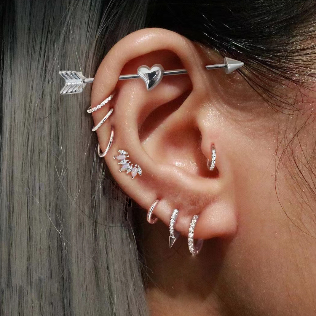 Cross-border best-selling stainless steel piercing accessories from Europe and America, African cold style heart-shaped ear piercings, piercing diagonal line ear needles and ear studs full figure