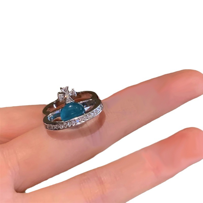 Three-dimensional Saturn sea blue cat's eye open ring for women, a niche design on Instagram, with a high-end and exquisite stacked ring Item Picture