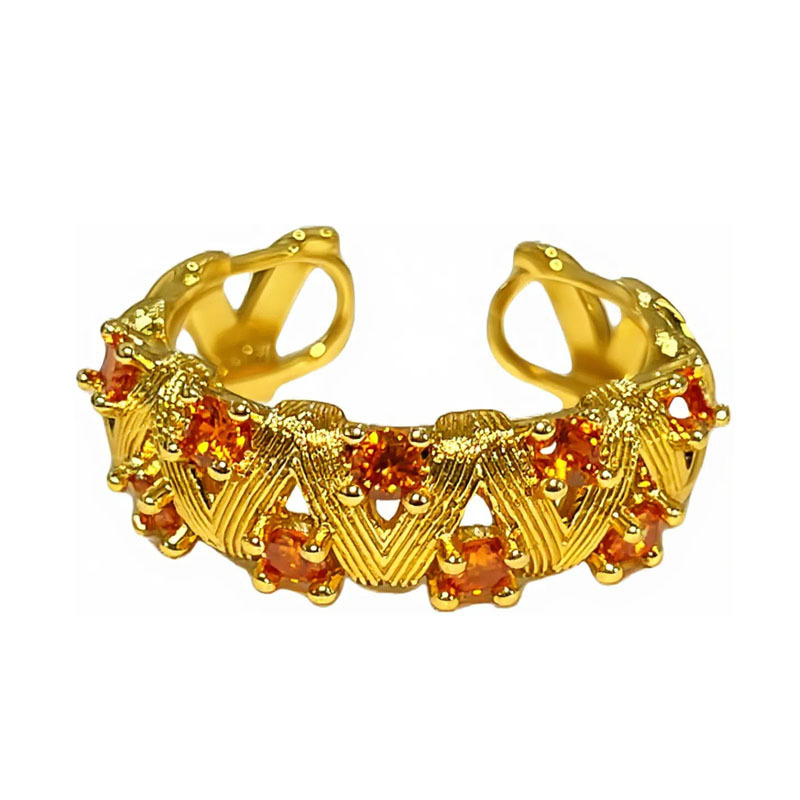 A simple open ring set with orange-red zircon in a mid-style style, featuring a retro brushed flower and a hollowed-out design, exuding a unique and elegant charm Item Picture