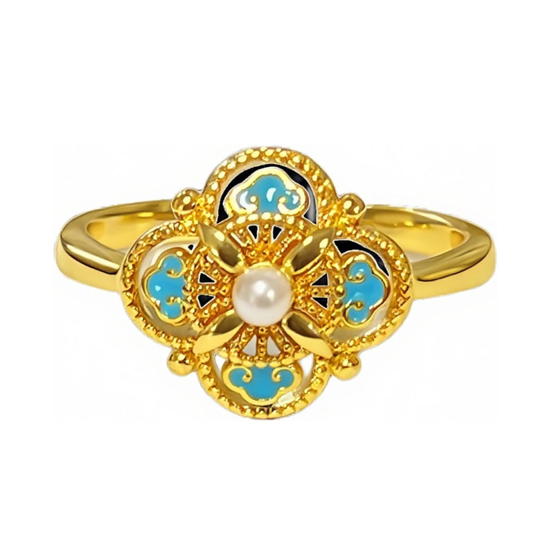 Vintage blue enamel drop glaze open ring with feminine charm, court-style lace, individual and light luxury ring Item Picture