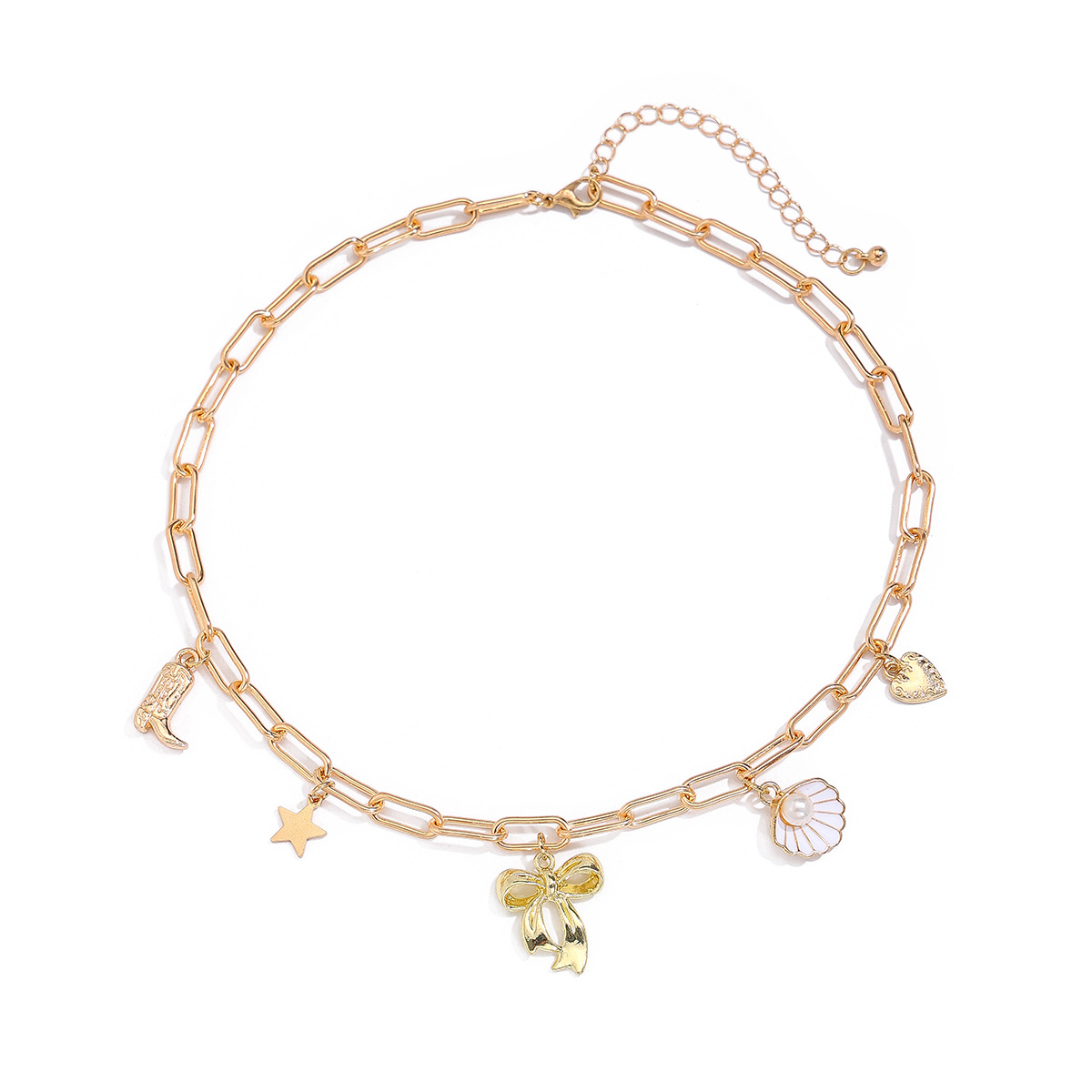 European and American cross-border jewelry, fashionable bow scallop chain necklace, versatile pearl alloy collarbone chain Item Picture