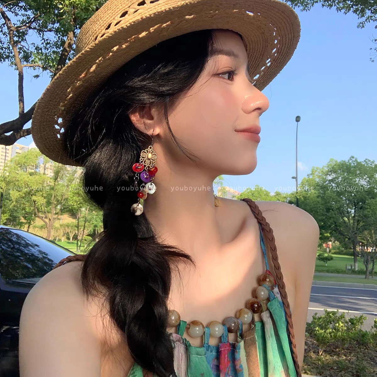 Exotic ethnic style colorful shell tassel earrings, Bohemian retro exaggerated style vacation stud earrings Specification drawing