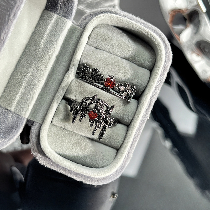 Dark style double-layer cross fashion open ring, women's irregular butterfly texture punk androgynous style ring trend details Picture