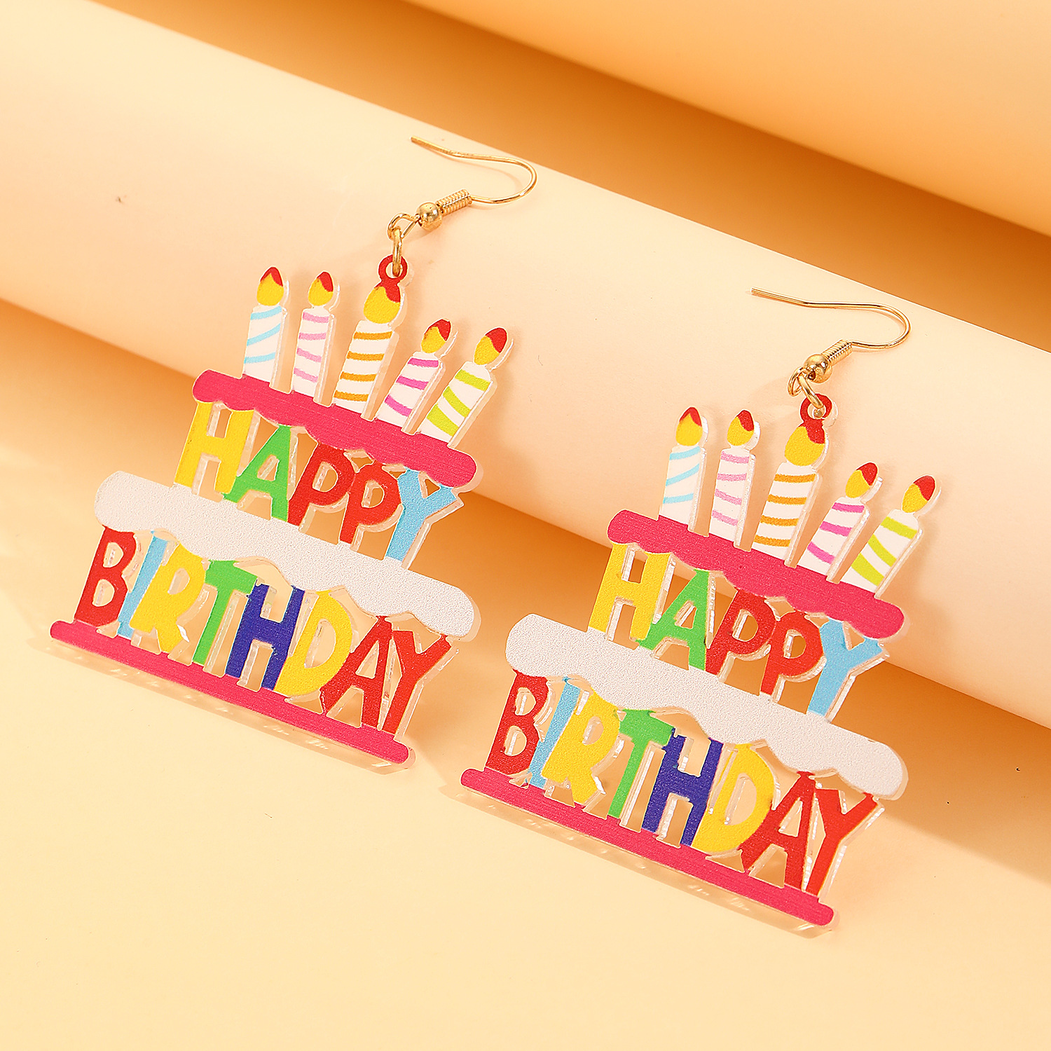 Cross-border happy birthday Birthday cake, candles, earrings, dopamine colorful party acrylic earrings Specification drawing