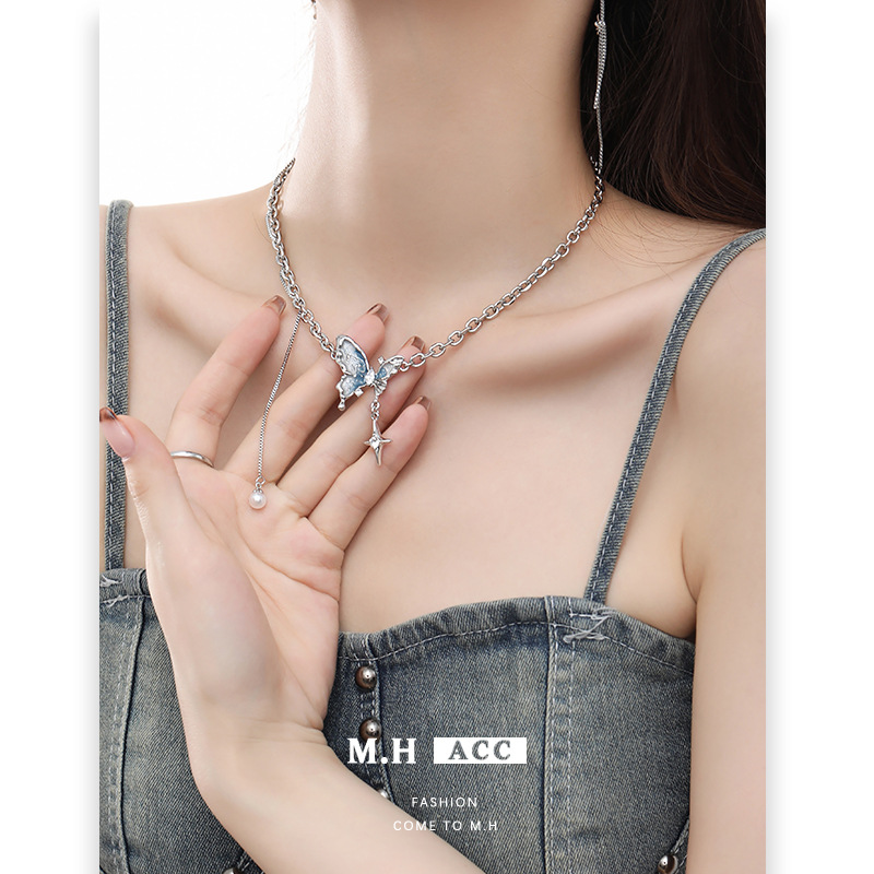 Cold blue and white oil-dripping butterfly necklace, women's light luxury and niche design sense collarbone chain, fresh and sweet necklace wholesale details Picture