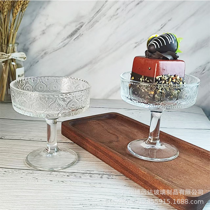 Ice cream cups, high-footed glass dessert cups and bowls, high appearance level, embossed transparent snack bowls, ice cream cups, pudding cups, yogurt cups Specification drawing