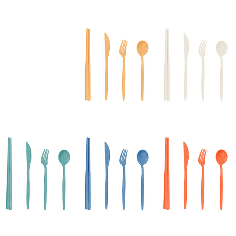 Cross-border portable wheat straw tableware set, plastic knife, fork, spoon, chopsticks and tableware four-piece set, gift manufacturer wholesale Item Picture
