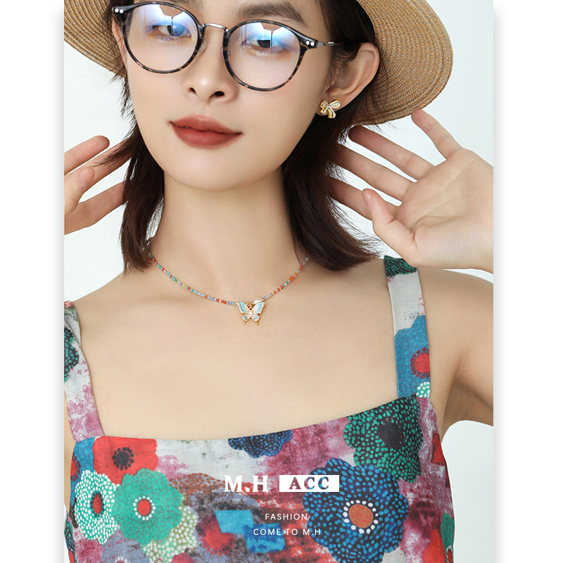 Colorful zircon butterfly pearl necklace for women, new Spring and summer style, versatile, light luxury and high-end dopamine beaded collarbone chain Specification drawing