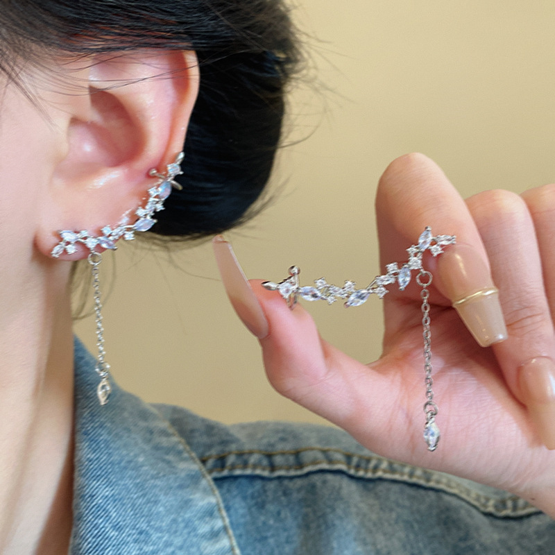 Super ethereal tassel flower earrings, women's forest-style fairy stud earrings, water drop long earrings, ear bone clips, internet-famous earrings details Picture