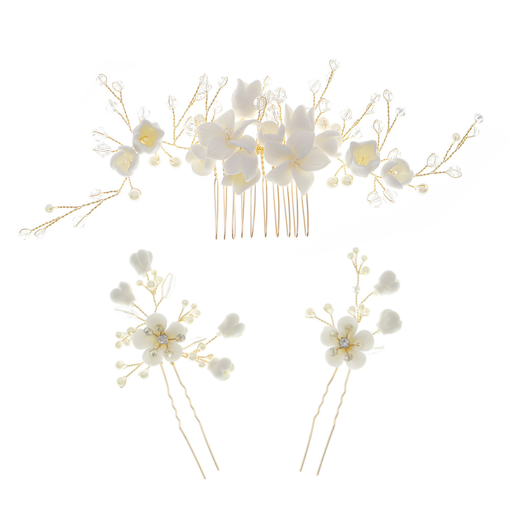 Hansoon-style fairy-like bride set, soft clay flower hair comb, retro Hanfu U-shaped updo hairpin, photo head accessory Item Picture