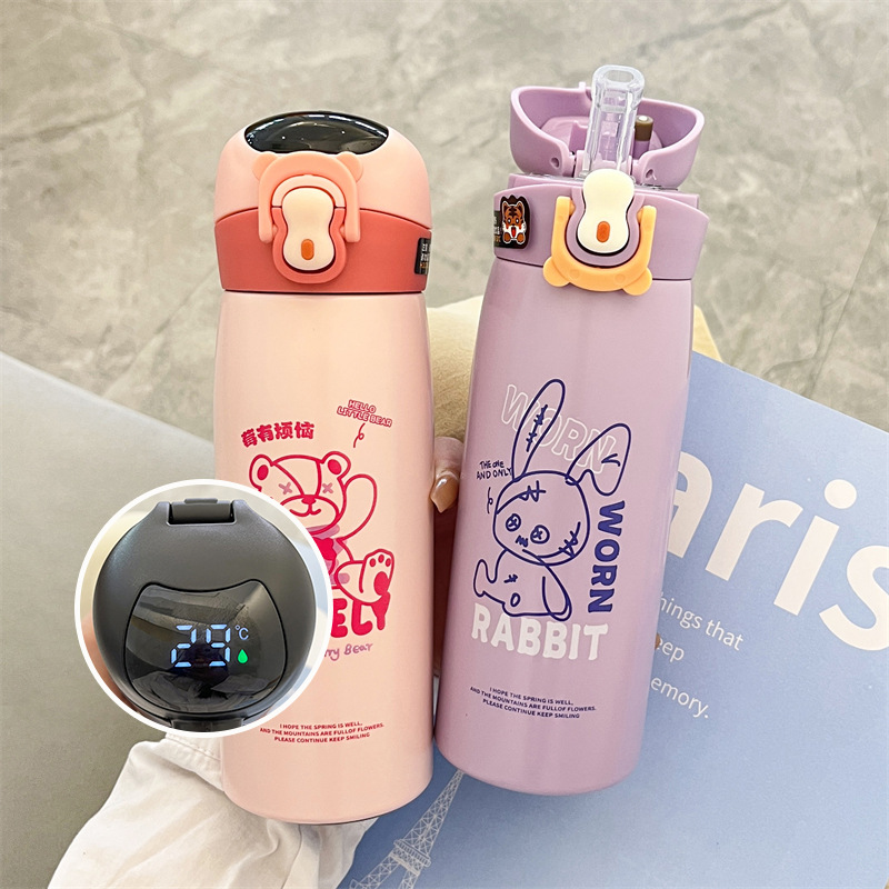 Smart temperature-displaying stainless steel insulated cup for children and students, 2024 new style cartoon cute portable straw cup full figure