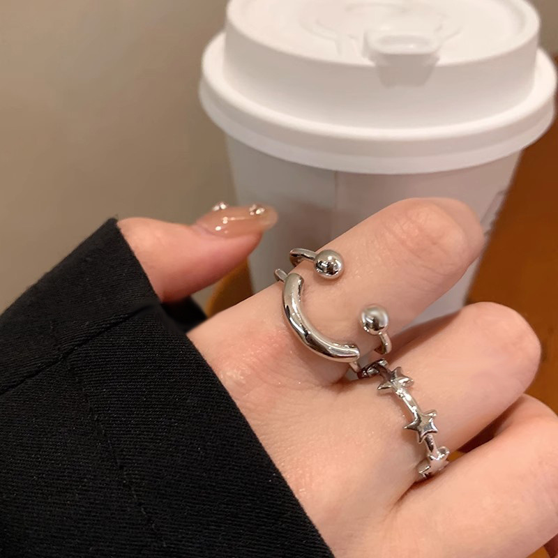 Plain ring star smiling face open ring for women's niche design, simple and cold style ring, adjustable personalized index finger ring details Picture