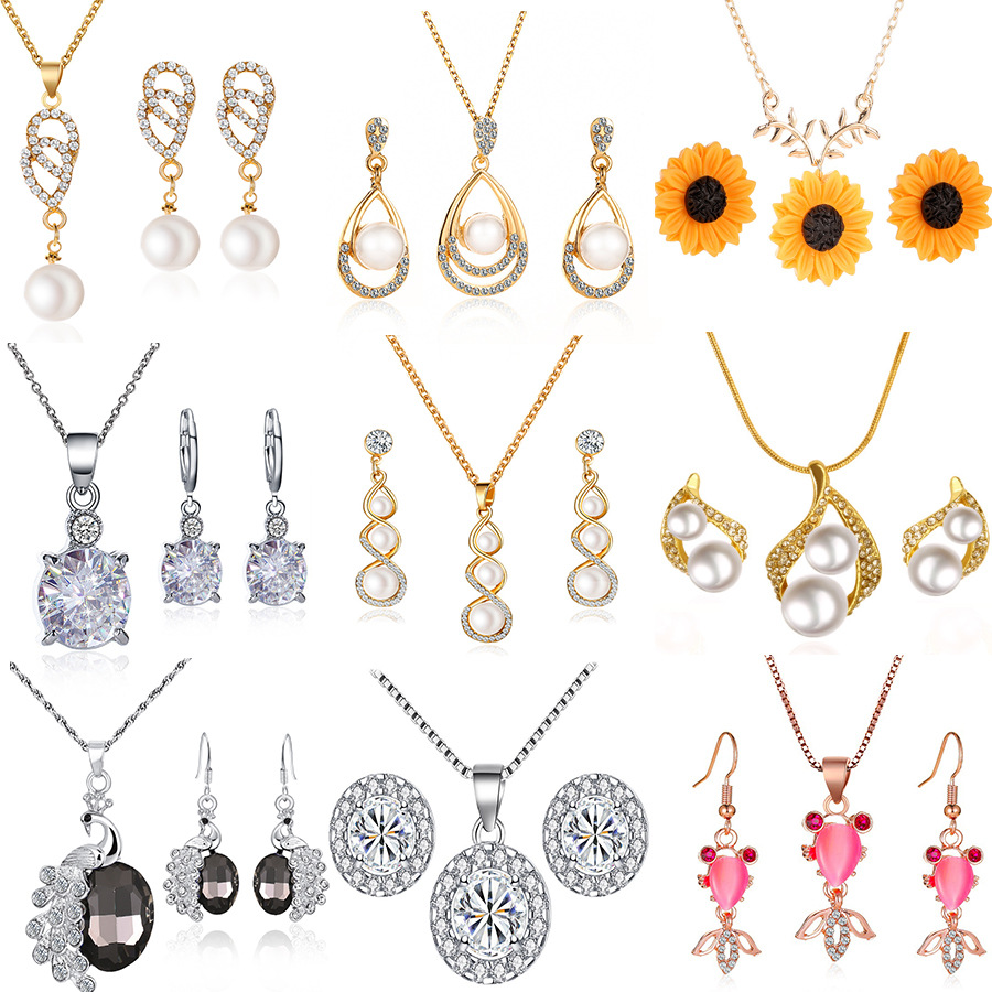 Cross-border best-selling diamond-encrusted pearl jewelry set, women's fashionable and elegant geometric flower water drop necklace and earring set full figure