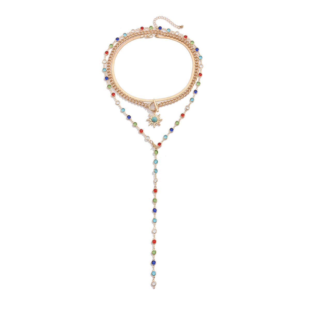 European and American cross-border jewelry sunflower colorful crystal chain necklace, sweet and elegant Su alloy multi-layer collarbone chain Item Picture