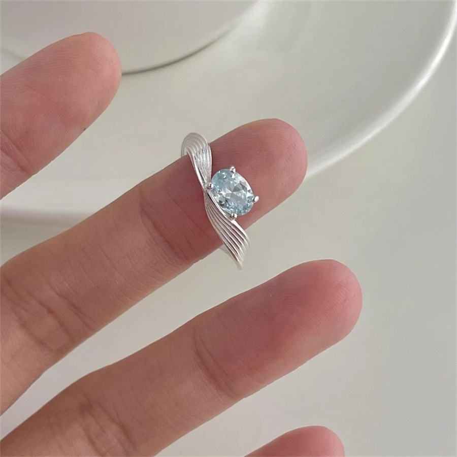 S925 Pure silver blue zircon geometric Wave ring for women, a niche, high-end, and cold style with a texture, open index finger ring Item Picture