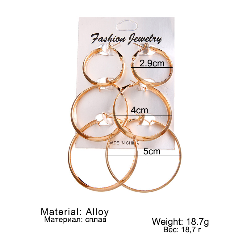 Korean jewelry world cross-border earrings from Europe and America, punk exaggerated personality, smooth circle 3-pair earring set Item Picture