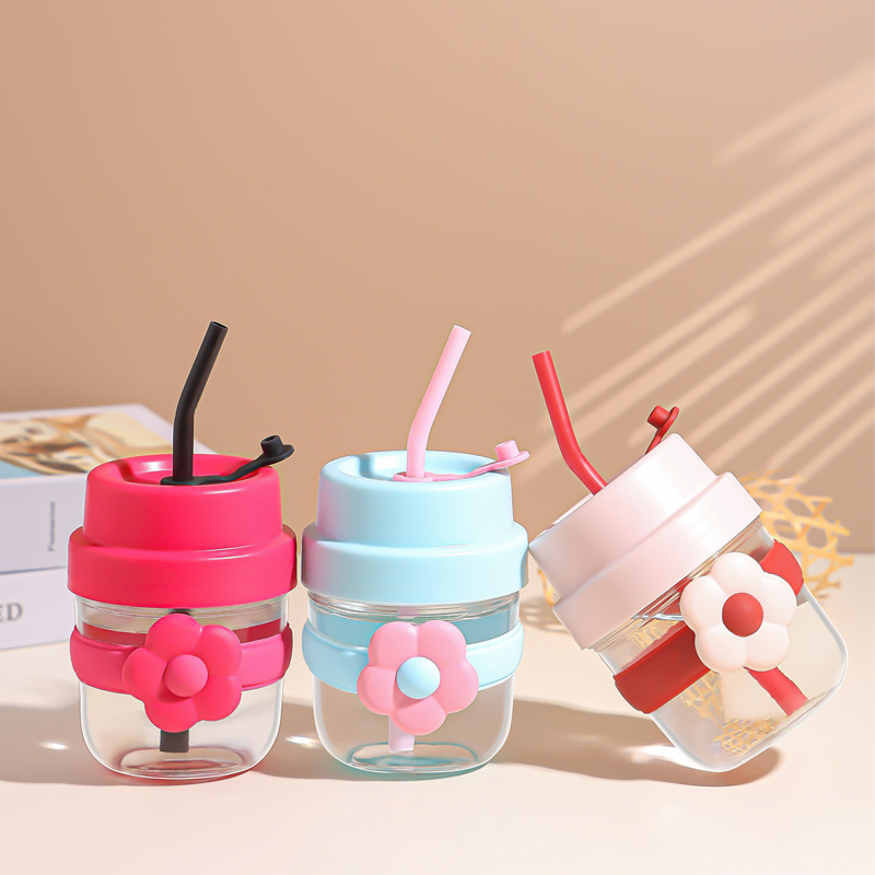 High appearance level glass cups, creative flowers, small flowers, straw water cups, cute and portable water cups for students, wholesale Specification drawing