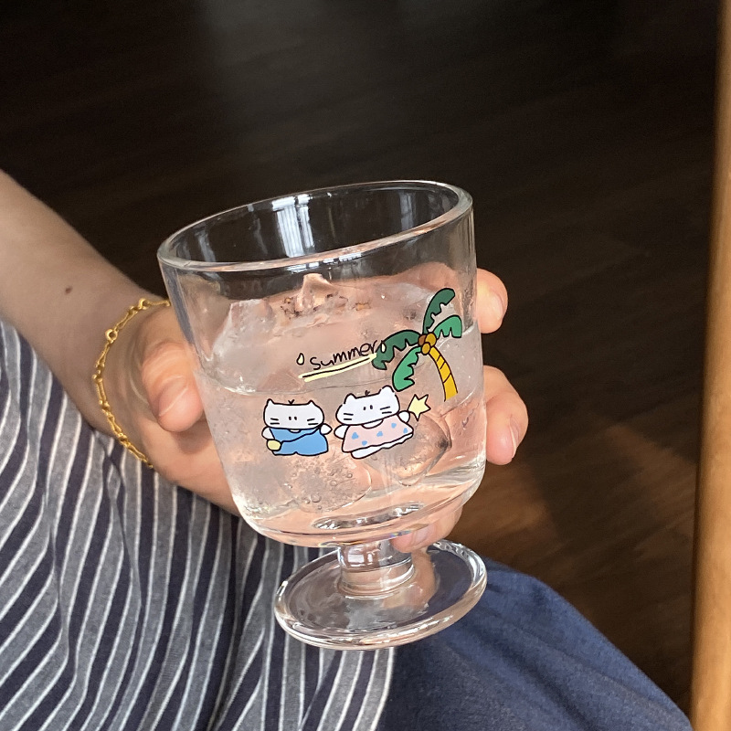 ins cute cartoon summer coconut tree cat tall cup, niche and simple milk cup, dessert cup, Chinese style full figure