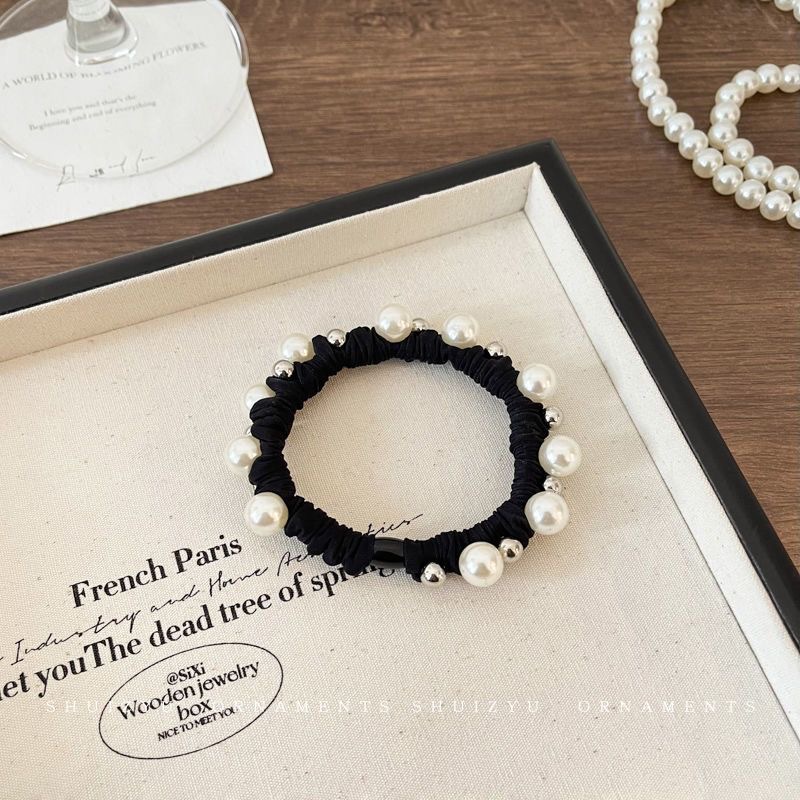 Retro style pearl hair tie, simple and basic Korean-style hair band, black hair tie, no hair damage for women, hair tie, leather band and leather cover Specification drawing