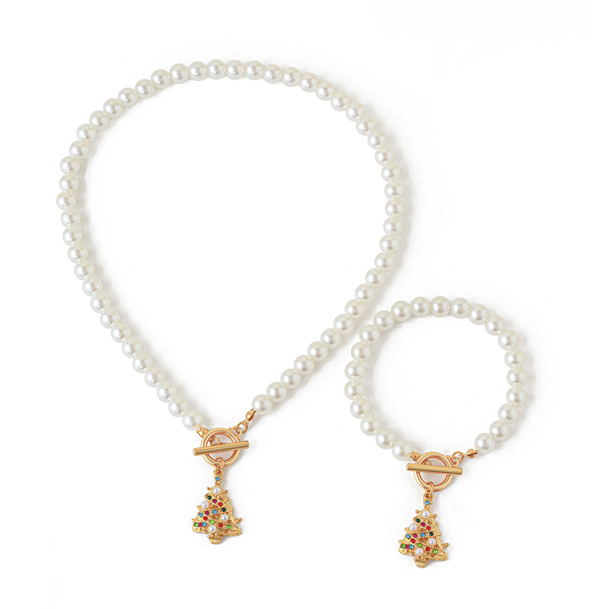 European and American cross-border jewelry, light luxury style imitation pearl necklace set, fashionable Christmas tree pendant ot buckle necklace Item Picture