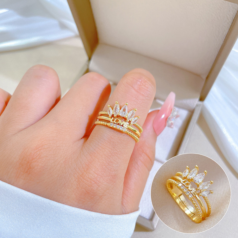 【 True Gold 】love Crown Full Diamond Ring Adjustable Opening Simple Jewelry Japanese-style ring couple rings full figure